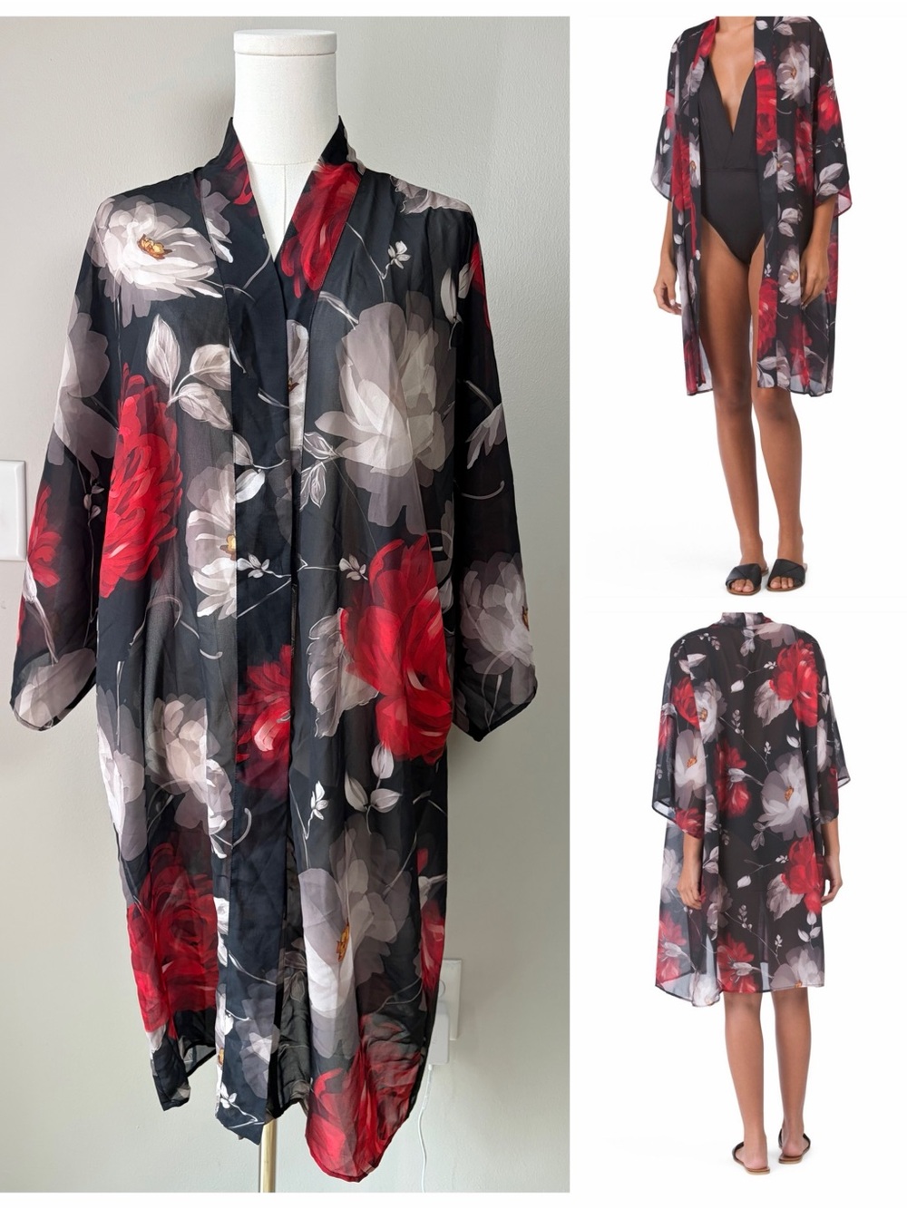 Gottex Roses Are Red Floral Short Sleeve Open Kimono Cover Up Beach Vacation
